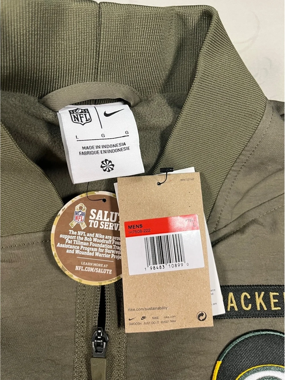 Nike Green Bay Packers Salute to Service Olive Bomber Jacket Fleece Lined Large